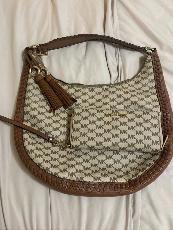 Michael Kors Handbags - Michael Kors Beige and Brown MK Signature Shoulder Bag with Tassel & wallet